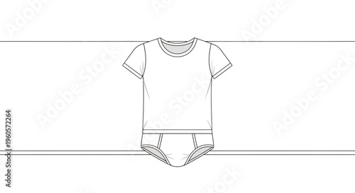 Technical flat sketch of a basic crew neck t-shirt and briefs outline vector illustration template