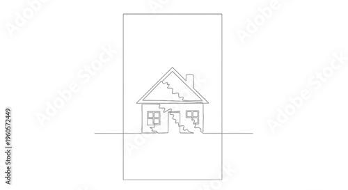 Minimalist single line illustration of a cracked residential house depicting architectural damage