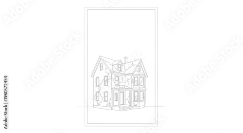 Detailed line art illustration of an old, dilapidated house with visible cracks, a classic