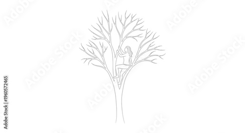 Minimalist line art illustration of a woman ascending a bare tree, symbolizing growth and ambition