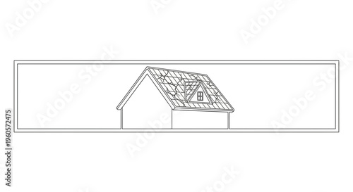Continuous line drawing of a house with a severely damaged and cracked roof needing urgent repair