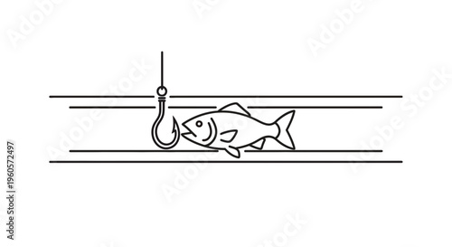 Minimalist black and white line art depicting a fish eyeing a fishing hook in clear waters