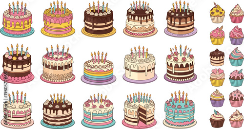 Birthday cake collection with candles cupcakes and sweet desserts festive celebration cartoon vector illustration set