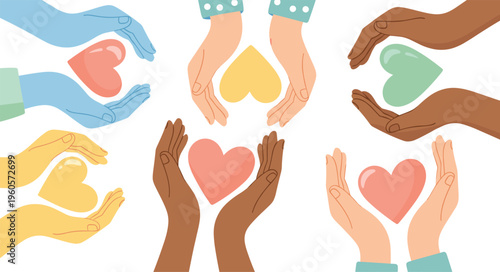 Diverse Hands Holding Heart Symbols Vector Set Representing Community Care, Charity Support, Global Unity, Love, Kindness, and Inclusion for Non-Profit Organization Designs