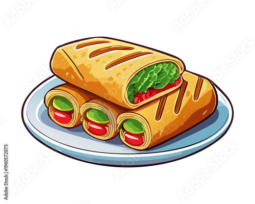 Delicious Beef Burrito Wrap With Fresh Vegetables And Green Salad Leaves Healthy Mexican Street Food - Vector Illustration