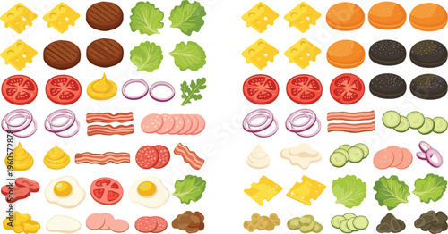 Burger ingredients collection fast food elements set with cheese buns bacon vegetables vector illustration