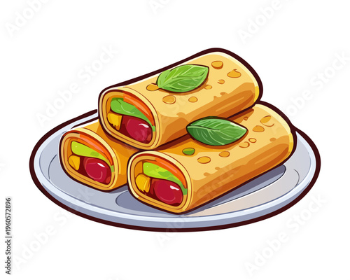 Healthy Spring Rolls Wrapped In Thin Dough With Fresh Herbs And Vegetable Filling Asian Snack - Vector Illustration