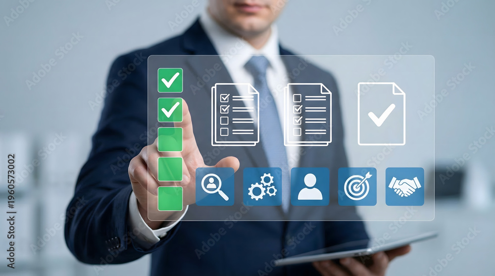 Obraz premium Professional businessman interacts with futuristic virtual checklist on transparent screen in a brig