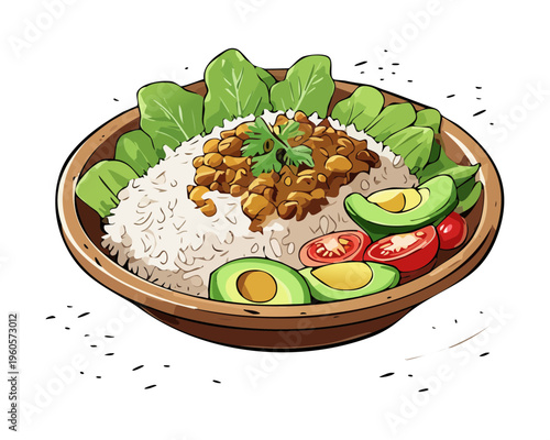 Traditional Asian Noodle Soup With Sliced Meat And Soft Boiled Egg In Ceramic Blue Bowl - Vector Illustration