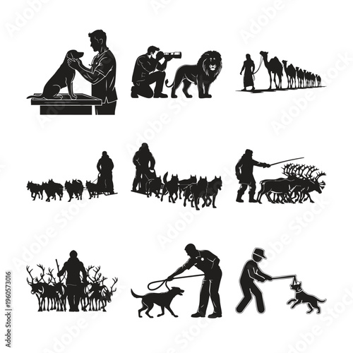 Animal care professional silhouette set bundle with various species