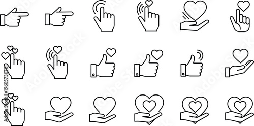 Hand Gesture Icon Set Featuring Thumbs Up, Pointing Finger, and Hearts for Social Media Likes, Feedback, Appreciation, and Digital Communication Design Elements