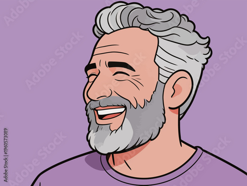 Smiling older man with gray hair and beard in a simple shirt against a purple background during a light moment
