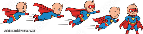 Set of Cute Superhero Baby Icons in Different Flying Poses with Capes