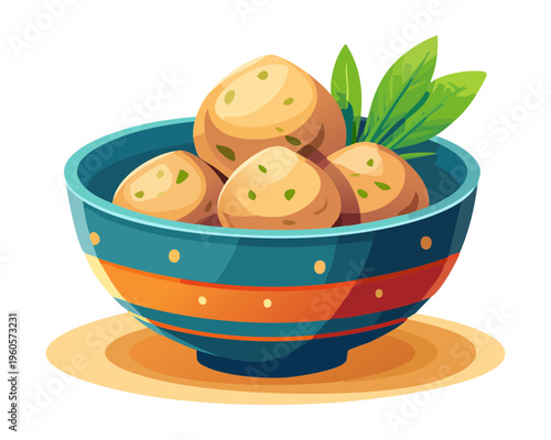 Savory Noodle Soup With Braised Meat And Boiled Egg In Classic Oriental Blue Ceramic Bowl - Vector Illustration