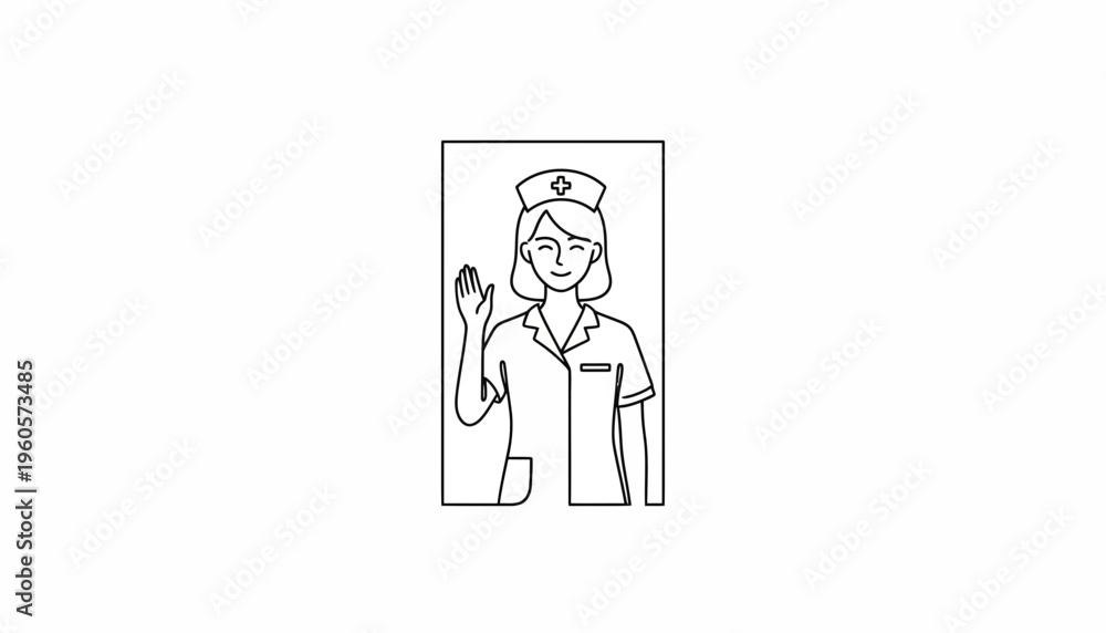 Fototapeta premium Friendly line art illustration of a smiling nurse waving a welcoming hand in a minimalist