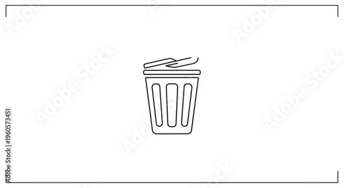 Simple line drawing of a trash can icon with a hand disposing of waste, perfect for user interface