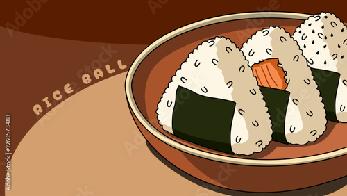 Hand-Drawn Japanese Rice Balls, A Minimalist Trio of Savory Onigiri in a Clay Container Illustration. Rice Ball Day, April 19th.