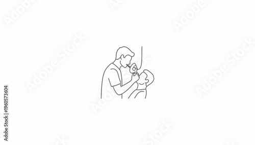 Minimalist line art illustration portraying a dental practitioner's precise oral care examination