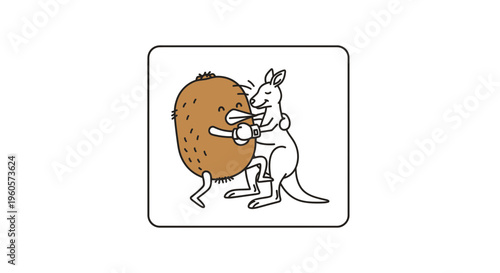A heartwarming cartoon illustration of a fuzzy brown kiwi character affectionately embracing a