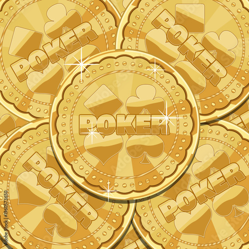 Shimmering pile of embossed Golden Poker medallions with suit symbols. National Poker Day, April 19th
