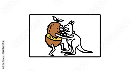 Playful cartoon illustration depicting a friendly interaction between a kiwi fruit character and a