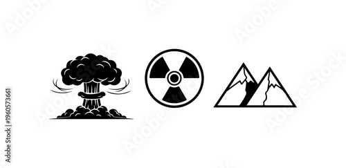 Nuclear Disaster and Mountain Eruption Vector Icons Set