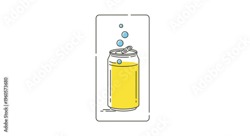 Minimalist graphic depicting an open beverage can filled with a sparkling yellow drink and rising