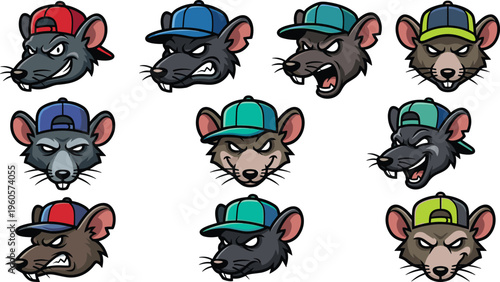 Set of Cartoon Rat Head Icons with Various Expressions and Baseball Caps in Bold Style