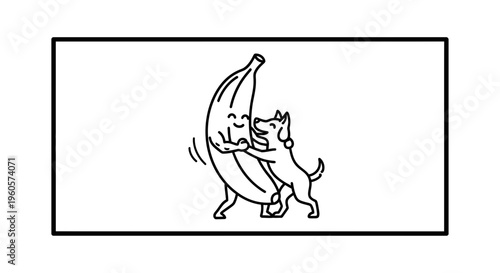Playful anthropomorphic banana and energetic dog dancing cheerfully in a charming outline