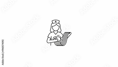 Minimalist line art illustration of a nurse unwrapping a medical bandage, depicting healthcare