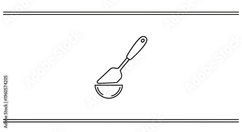 Minimalist black line art icon of a kitchen utensil serving food into a small bowl on a crisp