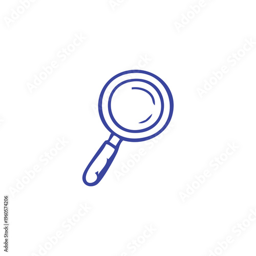 A simple, dark blue line drawing of a magnifying glass on a white background