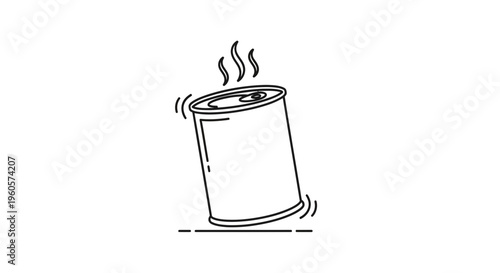 Minimalist black line illustration featuring a steaming, shaking tin can with dynamic energy on a