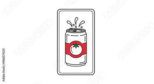 A refreshing minimalist line art illustration of an opened tomato juice can with vibrant splashes