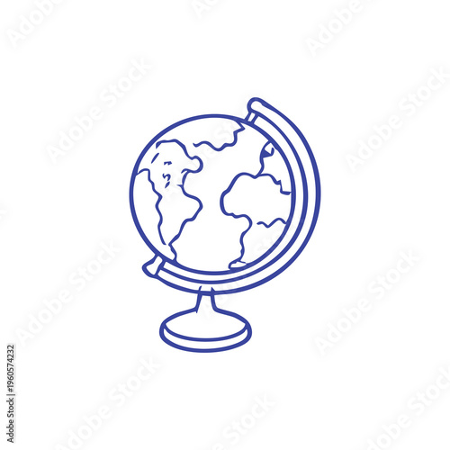 Simple outline of a blue globe on a stand, showing continents