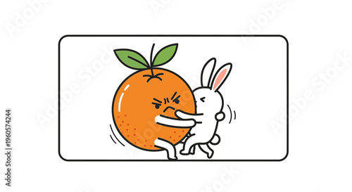 A determined cartoon rabbit playfully pushes an angry orange fruit character illustration