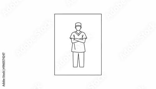 Minimalist line art illustration of a medical professional in scrubs and cap with arms crossed