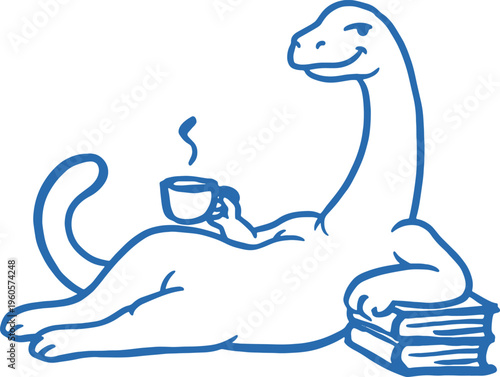 Dinosaur relaxing with coffee and books
