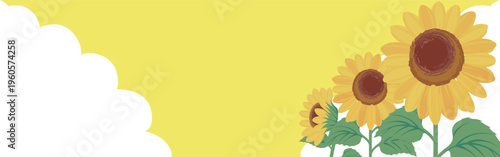 Summer background with sunflowers and blue sky with cumulus clouds.