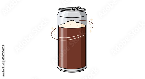 A stylized illustration of a fizzy brown drink with foam in an aluminum can isolated on white
