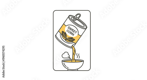 Illustration of a sweet corn can pouring hot soup into a bowl, depicting a simple cooking process