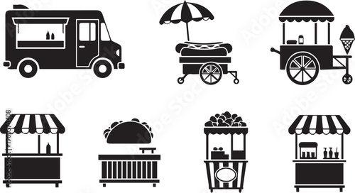 Street Food Cart and Food Truck Icons: Black Silhouette Vector Set