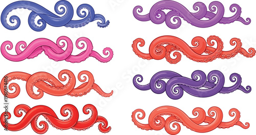 Colorful octopus tentacles collection with curled suction arms decorative sea creature elements vector illustration set