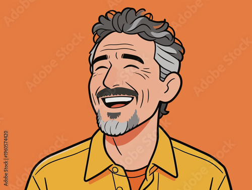 Man laughs with bright orange background showing joy and energy during day time
