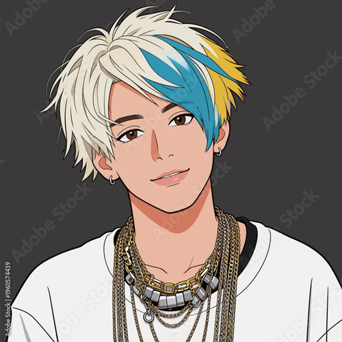 Young man with colorful hair wearing necklaces and a casual shirt in a digital art style