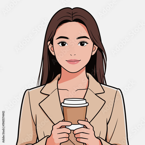 Woman holding coffee cup in beige outfit, smiling and looking forward in a simple setting during daytime