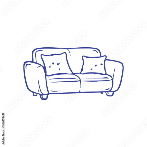 Minimalist blue outline drawing of a two-seater couch with two square cushions