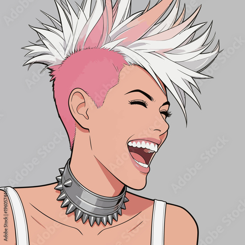 Young woman with spiked hair laughs in a playful moment, showing joy and confidence in her expression