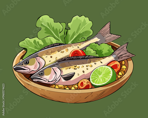 Deep fried fish with spicy sambal and lime served on a rustic wooden plate - Vector Illustration