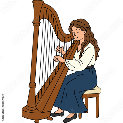 Woman Playing Harp Illustration